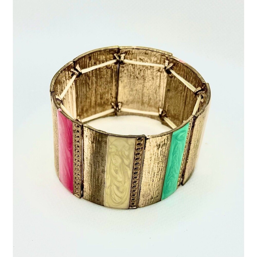 Vintage Boho Multi-Colored Enamel and Gold-Tone Metal Stretch Bracelet